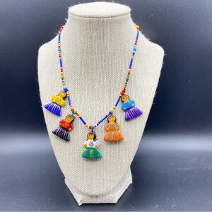 Handpainted Folk Charms Costumed Lady Seed Bead Tribal Ethnic Boho Necklace